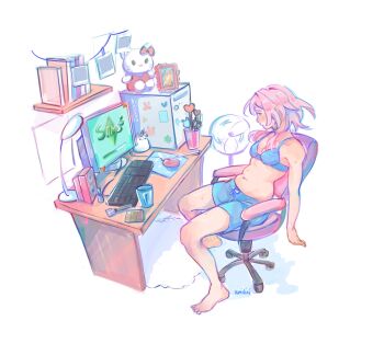 1girl absurdres barefoot blue_bra blue_shorts bra breasts chair computer computer_mouse electric_fan full_body hello_kitty_(character) highres honkai:_star_rail honkai_(series) lamp looking_to_the_side march_7th_(honkai:_star_rail) medium_hair monitor navel photo_(object) pink_hair plump shorts solo speaker swivel_chair the_sims umilini2 underwear
