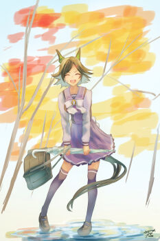 absurdres animal_ears bag bandaid bandaid_on_cheek bandaid_on_face black_hair bow bowtie breasts closed_eyes facing_viewer hair_ornament hairclip highres holding holding_umbrella horse_ears horse_girl horse_tail long_sleeves medium_breasts open_mouth parted_bangs puddle purple_sailor_collar purple_serafuku purple_shirt purple_skirt purple_thighhighs sailor_collar sailor_shirt sasami_oishine school_bag school_uniform serafuku shirt shoes short_hair skirt smile swept_bangs tail thighhighs tracen_school_uniform tree umamusume umbrella water white_bow white_bowtie winning_ticket_(umamusume)