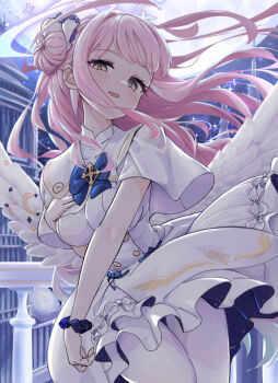 Rule 34 | 1girl, blue archive, blue bow, bow, capelet, commentary request, cowboy shot, dress, hair bun, hand on own chest, long hair, looking at viewer, low wings, mika (blue archive), moon, moonlight, night, night sky, open mouth, pagzwcszsw73714, pink hair, scrunchie, single side bun, sky, smile, solo, white capelet, white dress, white wings, wings, wrist scrunchie, yellow eyes