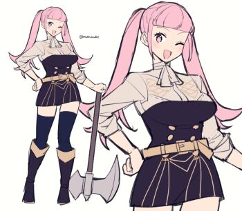 1girl ascot axe belt belt_buckle black_boots black_thighhighs blush boots breasts buckle do_m_kaeru female_focus fire_emblem fire_emblem:_three_houses full_body garreg_mach_monastery_uniform hand_on_own_hip hilda_valentine_goneril holding holding_axe holding_weapon long_hair looking_at_viewer matching_hair/eyes medium_breasts nintendo one_eye_closed open_mouth pink_eyes pink_hair simple_background smile solo standing thighhighs thighs twintails twitter_username weapon white_ascot white_background wink yellow_belt