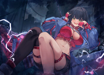 1girl absurdres bandeau belt black_hair black_shorts black_thighhighs blue_jacket blunt_bangs blush breasts chain chaos_zero_nightmare chest_harness cleavage collar commentary dimazu drooling electricity gloves green_eyes half_gloves harness highres jacket large_breasts long_sleeves lower_teeth_only medium_hair midriff mouth_drool navel open_clothes open_jacket open_mouth outdoors red_bandeau red_belt red_collar red_gloves short_shorts shorts sidelocks single_thighhigh skindentation solo spaghetti_strap spiked_collar spiked_thigh_strap spikes sweat tears teeth thighhighs traumatized tressa_(chaos_zero_nightmare)