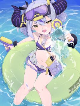 1girl absurdres bikini braid breasts grey_hair highres hololive horns innertube la+_darknesss la+_darknesss_(holonatsu_paradise) looking_at_viewer multicolored_hair navel open_mouth purple_hair recklessdraw small_breasts solo streaked_hair swim_ring swimsuit virtual_youtuber water water_gun yellow_eyes