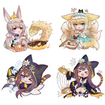 &gt;_&lt; &gt;_o 3girls animal_ears arknights blonde_hair blue_eyes cat_girl cat_tail chibi chinese_commentary commentary_request fox_ears fox_girl fox_tail green_eyes grey_hair hehehzb heixiu hood hood_up kitsune kyuubi long_hair luo_xiaohei_zhanji multiple_girls multiple_tails one_eye_closed open_mouth orange_eyes pepe_(arknights) purple_hair rabbit_ears rabbit_girl simple_background suzuran_(arknights) tail transparent_background warmy_(arknights)