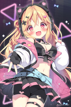 :d animal_ear_headphones animal_ears bare_shoulders belt belt_buckle black_gloves black_shorts black_skirt blonde_hair blue_belt blush breasts buckle cleavage commentary_request covered_groin fake_animal_ears fingerless_gloves gloves hair_bun hair_ornament headphones heart heart_hair_ornament jacket long_hair long_sleeves looking_at_viewer medium_breasts nail_polish navel off_shoulder open_clothes open_jacket open_mouth original pan_(mimi) pinching_sleeves pink_nails pixelated pleated_skirt puffy_long_sleeves puffy_sleeves red_eyes shorts shorts_under_skirt single_side_bun skirt sleeves_past_wrists smile twitter_username very_long_hair white_jacket