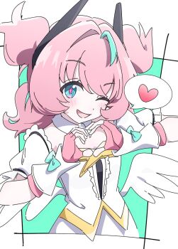 1girl aqua_hair aqua_streaks aria_(zenless_zone_zero) blue_eyes blush border center_frills commentary_request detached_collar detached_sleeves dress fingerless_gloves frilled_sleeves frills gloves green_background hair_intakes heart heart_hands hutsugyou looking_at_viewer multicolored_hair one_eye_closed pink_gloves pink_hair solo spoken_heart streaked_hair upper_body white_border white_dress white_wings wings zenless_zone_zero