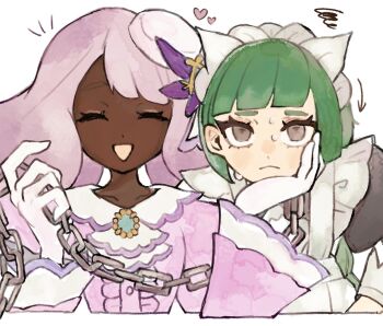 2girls ^_^ apron ascot center_frills chain chain_leash chamopichamo closed_eyes collar dark-skinned_female dark_skin dress facing_viewer fascinator frilled_ascot frills gloves green_hair hand_on_another&#039;s_cheek hand_on_another&#039;s_face hands_up heart holding holding_chain holding_leash jacinthe_(pokemon) juliet_sleeves leash long_hair long_sleeves looking_at_viewer maid maid_apron maid_headdress master_and_servant metal_collar multiple_girls nervous nervous_sweating nintendo open_mouth pokemon pokemon_legends:_z-a puffy_sleeves purple_dress purple_hair smile squiggle sweat sweatdrop upper_body very_dark_skin white_gloves yuri