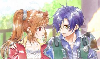 1boy 1girl armor blue_hair brown_eyes brown_hair eiyuu_densetsu estelle_bright hand_on_another&#039;s_shoulder highres joshua_bright koyagistock long_hair looking_at_another mixed-language_commentary pauldrons shirt short_hair shoulder_armor single_pauldron smile sora_no_kiseki twintails white_shirt