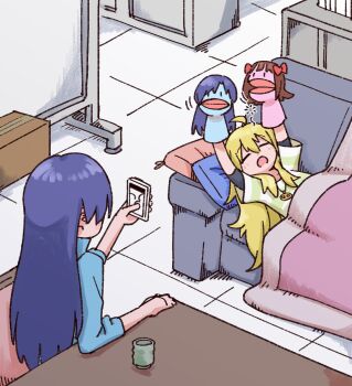 2girls ahoge amami_haruka arms_up blanket blonde_hair blue_hair blue_shirt closed_eyes couch hand_puppet highres holding holding_phone hoshii_miki idolmaster idolmaster_(classic) indoors kisaragi_chihaya long_hair lying multiple_girls neko_atsu_(ne5a2) on_back on_couch phone puppet shirt short_sleeves sleeping striped_clothes striped_shirt under_covers