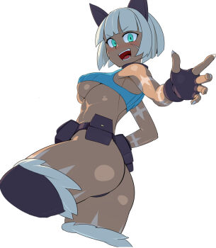 1girl abs animal_ears ass belt bob_cut breasts cat_ears crop_top dark_skin dark-skinned_female fangs female_focus fingerless_gloves gloves green_eyes highres ms._fortune_(skullgirls) nisetanaka sharp_nails skullgirls solo thighhighs thong underboob utility_belt white_hair
