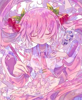 Rule 34 | 1girl, arm tattoo, bare shoulders, blush, breasts, cherry hair ornament, closed mouth, collared shirt, commentary request, detached sleeves, facing viewer, food-themed hair ornament, futaba969649, hair between eyes, hair ornament, hatsune miku, holding, holding paintbrush, long hair, long sleeves, medium breasts, necktie, number tattoo, paintbrush, pink eyes, pink hair, pink necktie, pink skirt, pink sleeves, pleated skirt, sakura miku, shirt, skirt, sleeveless, sleeveless shirt, smile, solo, spring onion, tattoo, twintails, very long hair, vocaloid, white shirt, white trim, wide sleeves