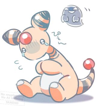 Rule 34 | ampharos, commentary request, crying, forehead jewel, full body, gen 2 pokemon, ghost, nintendo, no humans, pokemon, pokemon (creature), pokemon focus, pokemon tower ghost, simple background, sitting, tail, tansho, tears
