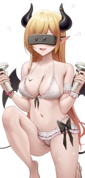 1girl :d ? absurdres arm_garter bikini bikini_skirt black_horns blonde_hair bracelet breast_tattoo breasts cleavage commentary controller demon_girl demon_horns demon_tail demon_wings english_commentary frilled_bikini frills front-tie_bikini_top front-tie_top game_controller hair_ribbon head-mounted_display highleg highleg_bikini highres holding holding_controller holding_game_controller hololive horn_ornament horn_ring horns jewelry large_breasts long_hair navel on_one_knee open_mouth pointy_ears ribbon simple_background single_bare_foot single_sidelock single_wrist_cuff smile solo somebody_(leiking00) stomach swimsuit tail tattoo tress_ribbon very_long_hair virtual_youtuber white_background white_bikini winged_heart winged_heart_tattoo wings wrist_cuffs yuzuki_choco
