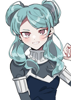 1girl absurdres aqua_hair beta_(inazuma_eleven) bodysuit commentary double_bun grey_bodysuit hair_bun highres inazuma_eleven_(series) inazuma_eleven_go inazuma_eleven_go_chrono_stone light_blush long_hair looking_at_viewer protocol_omega purple_eyes seikawa1110 simple_background smile upper_body white_background