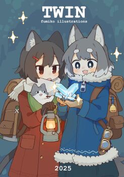 2girls :3 :d animal animal_ear_fluff animal_ears backpack bag black_hair blue_background blue_coat blue_eyes blush bright_pupils brown_gloves cat cat_ears cat_girl cat_tail coat commentary_request cover cover_page cowboy_shot dot_nose double-parted_bangs fang fumiko_(rubra_plumeria) fur-trimmed_coat fur-trimmed_hood fur_trim gloves grey_hair hair_between_eyes hair_ornament hairclip highres holding holding_lantern hood hood_down hooded_coat lantern long_sleeves multicolored_hair multiple_girls open_mouth original red_coat red_eyes scarf short_hair smile tail thick_eyebrows two-tone_hair white_hair white_pupils white_scarf zipper