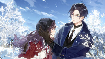 Rule 34 | 1boy, 1girl, adjusting another's clothes, adjusting clothes, adjusting headwear, bare tree, beanie, black gloves, black hair, black hat, black jacket, black necktie, black shirt, blue coat, blue eyes, bow, capelet, chinese commentary, clarence clayden, cloud, coat, collared shirt, commentary request, couple, cuff links, curtained hair, day, eye contact, fur-trimmed capelet, fur-trimmed coat, fur trim, glasses, glove bow, gloves, hair between eyes, hand on another's shoulder, hat, heroine (lovebrush chronicles), hetero, jacket, lapels, light blush, long hair, long sleeves, looking at another, looking at viewer, lovebrush chronicles, mole, mole under eye, neck ribbon, necktie, notched lapels, official art, open clothes, open coat, outdoors, over-rim eyewear, parted bangs, parted lips, profile, psd (psdgai), purple eyes, purple hair, red capelet, ribbon, semi-rimless eyewear, shirt, short hair, sleeve cuffs, smile, snow, tree, turtleneck, turtleneck shirt, undershirt, upper body, watermark, wavy hair, weibo watermark, white bow, white ribbon, white shirt, winter clothes
