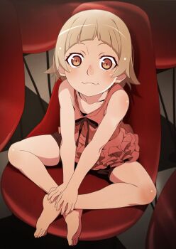 arched_bangs bare_arms barefoot black_bloomers black_ribbon blonde_hair bloomers blush brown_eyes chair checkered_floor collarbone crossed_ankles dress fangs fingernails flat_chest frilled_dress frills from_above full_body gesugesu_ahoaho hands_on_feet hands_on_own_feet indian_style kizumonogatari knee_blush looking_at_viewer monogatari_(series) on_chair oshino_shinobu red_dress ribbon ringed_eyes shadow short_dress short_hair shoulder_blush sitting skin_fangs sleeveless sleeveless_dress toenails turtleneck underwear v_arms wide-eyed
