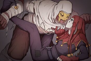 2boys absurdres arm_support arm_up bandaged_arm bandaged_chest bandages bell belt black_belt black_eyes black_pants black_shirt brown_pants capelet clenched_hand commentary cracked_skin darkest_dungeon eye_contact fingerless_gloves gloves gwahaeyo half_mask hand_on_another's_chest hat highres hood hood_up hooded_capelet jester_(darkest_dungeon) jester_cap kneeling korean_commentary legs_up leper_(darkest_dungeon) long_sleeves looking_at_another lying male_focus mask multiple_boys no_pupils on_back open_mouth pants patchwork_clothes pointy_shoes red_gloves red_hat shirt shoes spread_legs teeth white_capelet white_hood white_mask yellow_mask