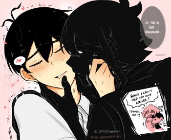 4boys antenna_hair basil_(faraway)_(omori) basil_(omori) black_hair black_shirt black_skin black_sweater_vest blush closed_eyes collared_shirt colored_skin commentary double-parted_bangs dual_persona english_commentary english_text hair_between_eyes hand_on_another's_chin heart highres looking_at_another maisani male_focus multiple_boys omori_(omori) parted_lips shirt short_sleeves sidelocks speech_bubble spoken_heart stranger_(omori) sunny_(omori) sweat sweater_vest tank_top twitter_username white_eyes white_shirt yaoi