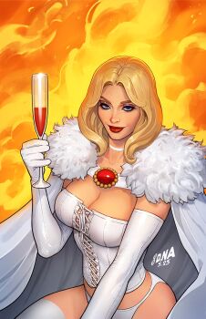 1girl blonde_hair blue_eyes breasts cape champagne_flute cleavage corset cup david_nakayama drinking_glass elbow_gloves emma_frost fiery_background fire gloves highres holding holding_cup initial looking_at_viewer marvel medium_breasts panties solo underwear white_cape white_corset white_gloves white_panties x-men