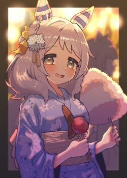2girls absurdres animal_ears blue_kimono candy_apple chocolate-covered_food chocolate_banana cotton_candy ear_covers ear_ornament festival food hair_ribbon highres hishi_miracle_(umamusume) holding holding_food horse_ears horse_girl japanese_clothes kimono looking_at_viewer medium_hair multiple_girls nenbutsu_0416 ribbon solo_focus summer_festival umamusume white_hair yukata