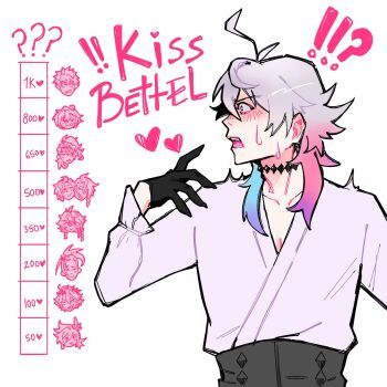!? 1boy axel_syrios banzoin_hakka bishounen black_gloves blue_eyes blue_hair chart collarbone commentary crimzon_ruze diamond_choker english_commentary english_text gavis_bettel gavis_bettel_(1st_costume) gloves goldbullet grey_hair hair_between_eyes heart highres holostars holostars_english jewelry josuiji_shinri jurard_t_rexford kiss_chart looking_to_the_side machina_x_flayon male_focus medium_hair multicolored_hair multiple_drawing_challenge octavio open_mouth pink_hair regis_altare shirt softobunny solo surprised twitter twitter_strip_game_parody upper_body virtual_youtuber white_background