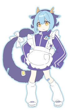 1girl 3_ma_me alternate_costume apron blue_hair bow dragon_girl dragon_horns dragon_tail duel_monster frills hands_on_own_hips highres horns laundry_dragonmaid light_frown long_sleeves maid maid_apron serious simple_background tagme tail track_suit v-shaped_eyebrows white_background white_bow yellow_eyes yu-gi-oh!