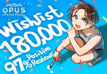 1girl :d ahoge blue_eyes blue_sandals blue_shirt brown_hair commentary copyright_name denim denim_shorts english_commentary from_above holding holding_paintbrush looking_at_viewer official_art open_mouth opus:_prism_peak paintbrush ren_(opus) sandals shirt short_hair shorts sleeveless sleeveless_shirt smile solo squatting