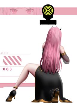 1girl black_dress black_tiara blackcapbandit dress from_behind goddess_of_victory:_nikke high_heels highres hololive hololive_english kneeling long_hair meme mori_calliope mori_calliope_(1st_costume) nikke&#039;s_shooting_pose_(meme) on_one_knee pink_hair shoe_soles solo target_practice tiara virtual_youtuber