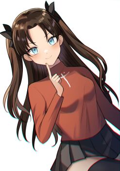 1girl black_hair black_thighhighs blue_eyes breasts chromatic_aberration commentary_request fate/stay_night fate_(series) good_thighhighs_day haniwa_yyi highres index_finger_raised long_hair medium_breasts miniskirt nice_knee_socks_day pleated_skirt shirt skirt smile solo thighhighs tohsaka_rin turtleneck turtleneck_shirt two_side_up zettai_ryouiki