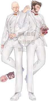 2boys bald beard blush bow bowtie brown_hair buttons chibi claw_(weapon) clenched_teeth closed_eyes commentary_request couple deadpool deadpool_&amp;_wolverine deadpool_(series) dog dogpool facial_hair formal_clothes full_body gloves green_eyes hand_hair happy heart highres holding holding_unworn_clothes hoshiimopotato husband_and_husband jacket jewelry locked_arms long_sleeves male_focus marvel marvel multiple_boys muscular muscular_male pants pectorals ring scar scars_all_over shirt shoes short_hair smile standing standing_on_one_leg suit teeth too_many unworn_gloves vest weapon wedding_ring white_background white_gloves white_jacket white_pants white_shirt white_shoes white_suit wolverine_(x-men) x-men yaoi
