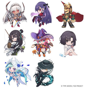 3boys 5girls altera_(fate) ankle_garter aqua_hair asagami_fujino asagami_fujino_(third_ascension) bandeau bare_shoulders barefoot basket bikini black_bikini black_bow black_choker black_eyes black_hair black_kimono black_lips black_sandals black_sclera black_shoes black_sleeves black_thighhighs blue_eyes blue_flower blue_hair blue_rose blunt_ends boots bottle bow bracelet bright_pupils brynhild_(fate) brynhild_(swimsuit_berserker)_(third_ascension)_(fate) candy cape chibi choker closed_mouth colored_inner_hair colored_sclera commentary_request company_name cookie copyright_notice cross-shaped_pupils cup curtained_hair curved_horns dark-skinned_female dark_skin detached_sleeves disposable_cup disposable_ice_cream_cup dragon_girl dragon_horns dress earrings edmond_dantes_(fate) edmond_dantes_(second_ascension)_(fate) elizabeth_bathory_(fate) elizabeth_bathory_(halloween_caster)_(fate) fake_horns falling_petals fangs fate/grand_order fate_(series) fish fishing_rod floral_print floral_print_kimono flower food frilled_hat frills gold_bracelet green_hat green_jacket green_pants grey_eyes grey_hair haagen-dazs hair_bow half_updo hand_on_own_chest hand_up hat helmet highres holding holding_candy holding_food holding_ice_cream holding_lollipop holding_shoes holding_sword holding_unworn_clothes holding_weapon horned_helmet horns horns_through_headwear ice_cream ice_cream_spoon jacket japanese_clothes jewelry kimono knee_up lollipop long_hair long_sleeves looking_at_viewer looking_to_the_side mouth_hold multicolored_hair multiple_boys multiple_bracelets multiple_girls no_pants official_art okobo open-toe_boots open_mouth orange_boots orange_dress outstretched_arm pants parted_bangs petals photon_ray_(fate) pink_hair platform_sandals print_kimono pumpkin_choker purple_dress purple_eyes purple_hair purple_hat purple_horns red_cape red_eyes red_shawl red_shoes robe romulus_(fate) rose ryougi_shiki sandals shawl shirt shoes short_hair shugao simple_background sitting smile socks spider_lily_print spoon standing swimsuit swirl_lollipop sword symbol-shaped_pupils taigong_wang_(fate) taigong_wang_(third_ascension)_(fate) thighhighs topknot two-sided_fabric two-sided_headwear two-tone_dress two_side_up unworn_shoes utensil_in_mouth veil water_bottle weapon white_background white_bandeau white_bikini white_hair white_pupils white_robe white_shirt white_sleeves white_socks white_veil white_wrist_cuffs wide_sleeves witch_hat wrist_cuffs yellow_eyes
