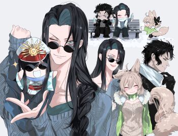 2boys 2girls absurdres ahoge animal_ears black_hair blonde_hair blush braid braided_ponytail curtained_hair fate/grand_order fate_(series) food fox_ears fox_girl fox_tail fur-trimmed_jacket fur_trim gloves grey_eyes haori hat heterochromia highres hijikata_toshizou_(fate) holding holding_food holding_ice_cream ice_cream jacket japanese_clothes kemonomimi_mode kimono kondou_isami_(fate) long_hair mini_nobu_(fate) multiple_boys multiple_girls multiple_views oda_nobunaga_(fate) okita_souji_(fate) on_bench one_eye_closed open_mouth scarf shinsengumi_(fate) short_hair simple_background sitting smile snow sunglasses sweater tail white_background winter_clothes yurumawari