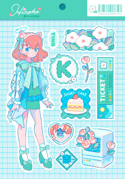 1girl animal_ear_fluff animal_ears arms_at_sides artist_name barcode blue_eyes blue_shirt bow bowtie cake cat_ears commentary_request fake_animal_ears flower food fruit green_background green_bow green_bowtie green_shoes green_skirt grid_background hair_bow halo highres hiro046k k_(letter) layered_skirt original outline pink_flower puffy_sleeves red_hair shirt shoes short_hair skirt socks solo sticker_sheet_(medium) strawberry strawberry_shortcake striped_clothes striped_shirt ticket twitter_username vertical-striped_clothes vertical-striped_shirt white_bow white_shirt white_socks