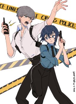 1boy 1girl artist_name blue_hair blue_shirt caution_tape detective grey_hair gun highres holding holding_gun holding_weapon lcs_0209 narukami_yu persona persona_4 police police_uniform policewoman shirogane_naoto shirt short_hair signature twitter_username weapon white_shirt
