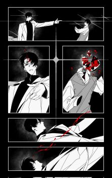 2boys age_difference arm_up benkdjjituibot black_hair black_shirt blood blood_from_forehead blood_trail bullet_hole closing_eyes coat collared_shirt death double-parted_bangs dual_persona exploded_head falling falling_petals finger_gun finger_gun_to_head food foodification fruit grey_vest hair_between_eyes hair_over_one_eye headshot highres implied_suicide inset_border kim_dokja multiple_boys murder objectification oldest_dream omniscient_reader&#039;s_viewpoint outside_border outstretched_arm petals pomegranate projectile_trail shirt short_hair sparkle spot_color vest white_coat white_shirt