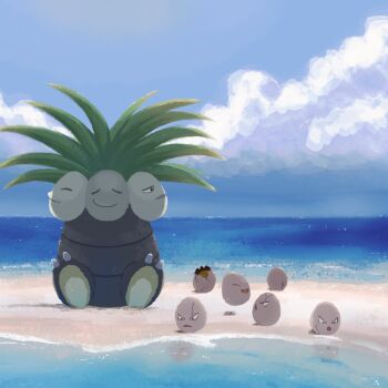 beach clione3031 closed_eyes coconut_tree commentary_request cracked_egg egg exeggcute exeggutor gen_1_pokemon highres leaf nintendo open_mouth palm_tree plant pokemon pokemon_(creature) pokemon_focus pokemon_rgby reflection reflective_liquid sand sitting smile tree water