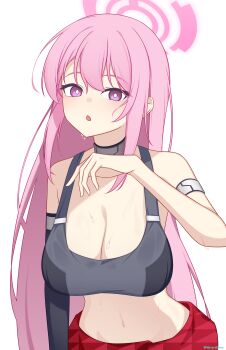 1girl :o absurdres arm_warmers armlet bare_shoulders black_arm_warmers black_sports_bra blue_archive breasts cleavage collarbone commentary_request cowboy_shot eimi_(battlesuit)_(blue_archive) eimi_(blue_archive) hair_between_eyes hair_down halo highres jewelry large_breasts long_hair looking_at_viewer midriff navel official_alternate_costume official_alternate_hairstyle open_mouth pink_hair pink_halo purple_eyes sidelocks simple_background single_arm_warmer siranui_desu solo sports_bra standing sweat twitter_username white_background