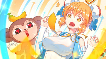 +_+ 1girl 2others :d :o ^^^ absurdres acfun acfun_girl area_(zero9971) arm_warmers arrow_(symbol) banana blonde_hair blood blue_bow blue_nails blue_vest bow breast_expansion breasts bun_cover collared_shirt crown double_bun food fruit gloves hair_bow hair_bun hands_up heart heart-shaped_pupils highres impossible_clothes impossible_shirt large_breasts monkey multiple_others necktie nosebleed open_mouth shirt short_hair sleeveless sleeveless_shirt smile sparkle symbol-shaped_pupils upper_body vest white_background white_gloves white_shirt yellow_eyes yellow_necktie