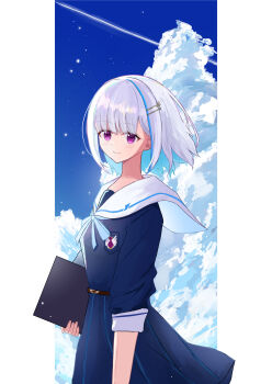 Rule 34 | 1girl, absurdres, arm at side, blue dress, blue sky, breast pocket, closed mouth, cloud, cloudy sky, colored inner hair, commentary request, cowboy shot, dress, emblem, from side, grey hair, highres, holding, koohii mikan, lize helesta, looking at viewer, looking to the side, multicolored hair, night, nijisanji, outside border, pillarboxed, pocket, purple eyes, sailor collar, sailor dress, shooting star, short hair, sky, smile, solo, standing, star (sky), streaked hair, turning head, virtual youtuber, white sailor collar