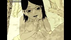 1boy 1girl :&gt;= :3 angelyeah animated artist_name black_border black_eyes black_hair blush border boruto:_naruto_next_generations bouncing_breasts bracelet breasts cleft_of_venus clitoris completely_nude earrings erection fellatio fingering foreskin foreskin_play foreskin_pull forest glasses happy head_out_of_frame heart heart-shaped_pupils hetero hoop_earrings jewelry licking licking_penis looking_at_penis looking_at_viewer matching_hair/eyes medium_breasts monochrome naruto_(series) nature nipples nose nude open_mouth oral outdoors penis penis_grab phimosis pillarboxed pinky_ring pussy ring rock smile spot_color suck swept_bangs symbol-shaped_pupils testicles tongue tongue_out tongue_under_foreskin tree tsurime uchiha_sarada ugoira uncensored upper_body v veins veiny_penis video