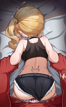 1boy 1girl absurdres all_fours arm_held_back ass back bare_shoulders belt big_daddy_(zenless_zone_zero) black_shorts blonde_hair blush body_blush choker clothed_sex clothing_aside colored_skin crop_top denim ear_blush facing_away from_behind gician_l hetero highres holding_another's_arm loli long_hair luciana_de_montefio male_pubic_hair on_bed plap pubic_hair red_skin scar scar_on_arm sex sex_from_behind short_shorts shorts shorts_aside side_ponytail solo_focus studded_belt sweat textless_version vaginal white_pubic_hair zenless_zone_zero