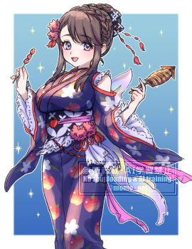 Rule 34 | 1girl, :d, alternate costume, apple print, black bow, blue background, blue eyes, border, bow, braid, breasts, brown hair, clothing cutout, commentary request, crown braid, dragon quest, dragon quest x, floating clothes, food, food print, fruit print, hair bun, hair ornament, heroine (dq10), highres, holding, holding food, ikayaki, japanese clothes, jewelry, kimono, large breasts, looking at viewer, momo nei, necklace, obi, open mouth, purple kimono, sash, shoulder cutout, smile, solo, sparkle, white border