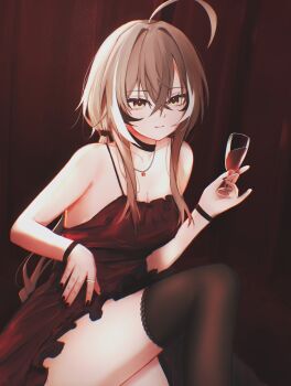 1girl absurdres ahoge bare_shoulders black_hair breasts brown_dress brown_hair cleavage commentary cowboy_shot cup dress glass grey_hair highres holding holding_cup hololive hololive_english jewelry medium_breasts multicolored_hair nanashi_mumei pendant saltdcrmell solo spaghetti_strap streaked_hair symbol-only_commentary virtual_youtuber