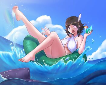 1girl absurdres alternate_costume bare_shoulders bikini black_hair blue_sky breasts circlet criss-cross_halter cup drinking_glass drinking_straw feathers feet fire_emblem fire_emblem_awakening hair_ornament halterneck highres holding holding_cup innertube large_breasts nintendo noire_(fire_emblem) obsidianwasp open_mouth short_hair sky solo splashing squid surprised sweatdrop swim_ring swimsuit water wavy_mouth white_bikini