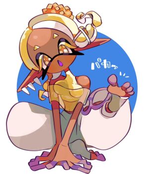 Rule 34 | 1girl, aluy01, baggy pants, bare shoulders, barefoot, breasts, capelet, ear piercing, foot focus, frye (deep cut outfit) (splatoon), frye (splatoon), inkling, japanese text, looking at viewer, medium breasts, nintendo, open mouth, pants, piercing, pointy ears, sitting, solo, splatoon (series), splatoon 3, tentacle hair, yellow eyes