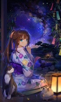 1girl animal artist_request blue_eyes brown_hair brush carrying cat flower_print japanese_clothes kimono lamp leaf marble night night_sky paintbrush paper pig piggyback ponytail rock sitting sky smoke source_request star_(sky) sticker tree water wooden_floor