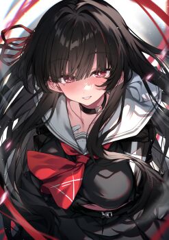 1girl absurdres belt black_choker black_hair black_shirt black_skirt breasts chisa_(wuthering_waves) choker commentary english_commentary grin hair_ribbon highres large_breasts long_hair long_sleeves looking_at_viewer midriff_peek pleated_skirt red_eyes red_ribbon redcomet ribbon sailor_collar school_uniform shirt sidelocks skirt smile teeth white_background white_sailor_collar wuthering_waves