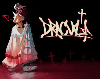 absurdres backlighting bat_wings blood blood_on_clothes bonnet breasts bright_pupils cleavage colored_skin commentary copyright_name cross dark_background dark_skin detached_wings dreadlocks dress earrings english_commentary from_side full_body gold_earrings grey_skin highres hoop_earrings jewelry juliet_sleeves lace lace-trimmed_dress lace_trim large_breasts large_earrings linesharkart long_dress long_sleeves looking_at_viewer lucy_(lineshark) mini_eyewear mini_wings original pointy_ears puffy_sleeves red_eyes ripples shorts skirt_hold standing standing_on_liquid sunglasses vampire very_dark_skin white_bonnet white_dress white_pupils white_shorts wings