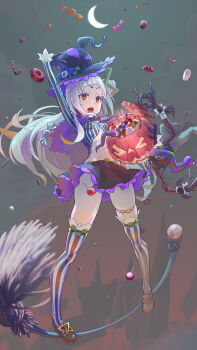 1girl absurdres black_skirt broom broom_riding broom_surfing brown_footwear candy candy_cane canoyan crescent_moon food gloves grey_background halloween hat highres hololive jack-o'-lantern lollipop long_hair looking_at_viewer marshmallow midriff moon murasaki_shion open_mouth skirt skirt_flip solo star_(symbol) striped_clothes striped_thighhighs thighhighs vertical-striped_clothes vertical-striped_thighhighs virtual_youtuber witch_hat wrapped_candy