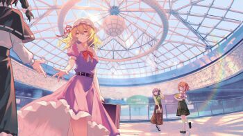 4girls adapted_costume bell belt black_capelet black_skirt blonde_hair bow bowtie briefcase capelet checkered_clothes checkered_shirt chinese_commentary chinese_text closed_mouth commentary_request contemporary dress flower green_skirt green_vest hair_bell hair_flower hair_ornament hat hat_ribbon hieda_no_akyuu highres holding holding_briefcase imminent_hand_holding indoors jingle_bell kneehighs leg_up lens_flare long_hair long_sleeves maribel_hearn minuo mob_cap motoori_kosuzu multiple_girls puffy_short_sleeves puffy_sleeves purple_dress purple_hair red_bow red_bowtie red_ribbon red_skirt ribbon ribbon-trimmed_capelet ribbon_trim shirt shoes short_sleeves skirt smile socks touhou translation_request two_side_up usami_renko vest white_hat white_shirt white_socks yellow_shirt